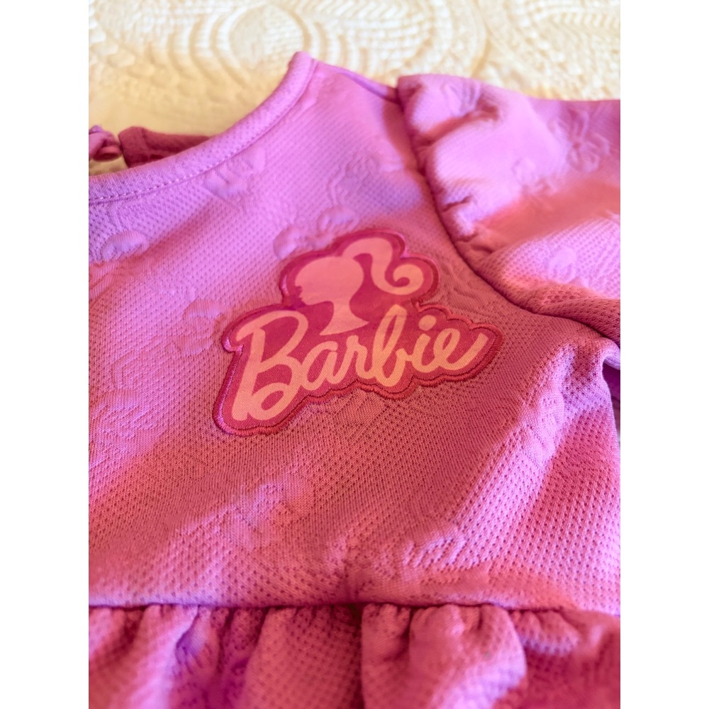 Barbie Girls Pink Embossed Bow Flutter Sleeve Dress Size 3T Logo Patch - Picture 6 of 11
